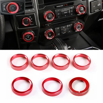 

7Pcs Red Headlight Air Condition 4WD Audio Switch Knob Ring Cover for Ford F150 XLT 2016-2019