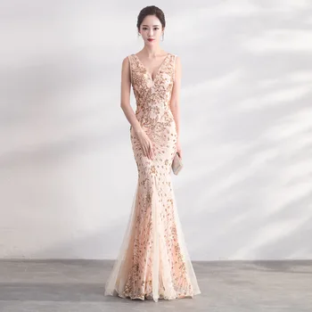 

Sexy Mermaid Fishtail Dress Qipap Evening Party Dress New Slim Long Dresses Pink Sequins Cheongsam Robe De Soiree Chinese Dress