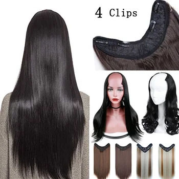 

Long Silky Straight U Part 4 Clips Invisible Breathable Hair Extension Synthetic Half Wig Wavy Hairpieces