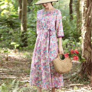 

Girl Sweet Dress 2020 New Summer Women Floral Print Long Chiffon Dress Female half Sleeve Pleated Vestidos 2 pcs with sling