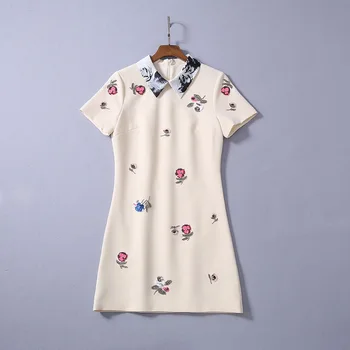

New European and American women's dresses for spring 2020 Printed lapels with short sleeves Fashionable beaded sequined dress