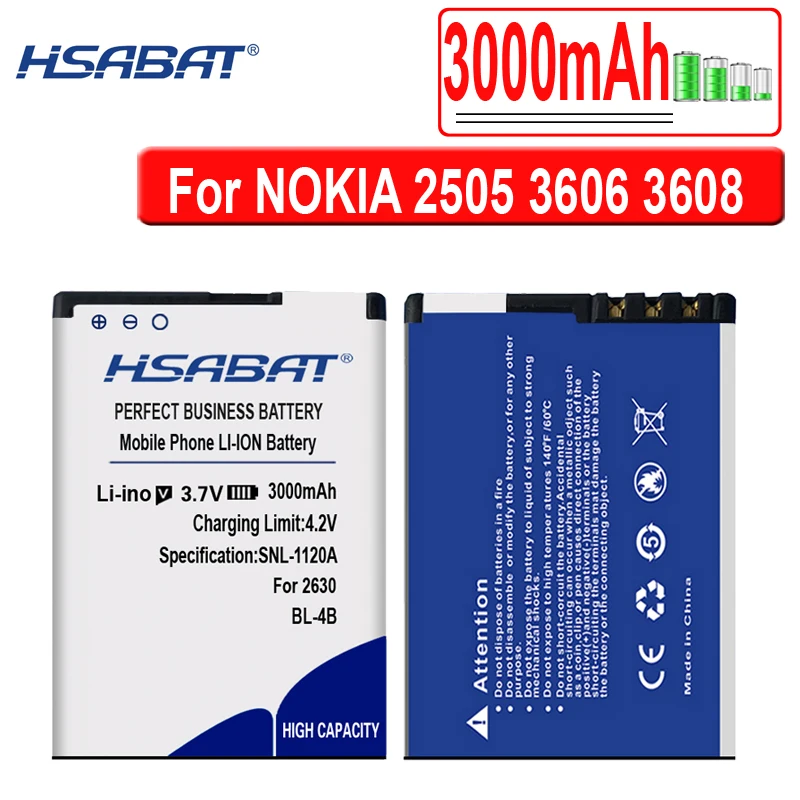 HSABAT BL-4B 3000 мА/ч, Батарея для NOKIA 2505 3606 3608 2670 2660 2630 5000 6111 7070 7088 7370 7373 7500 батареи