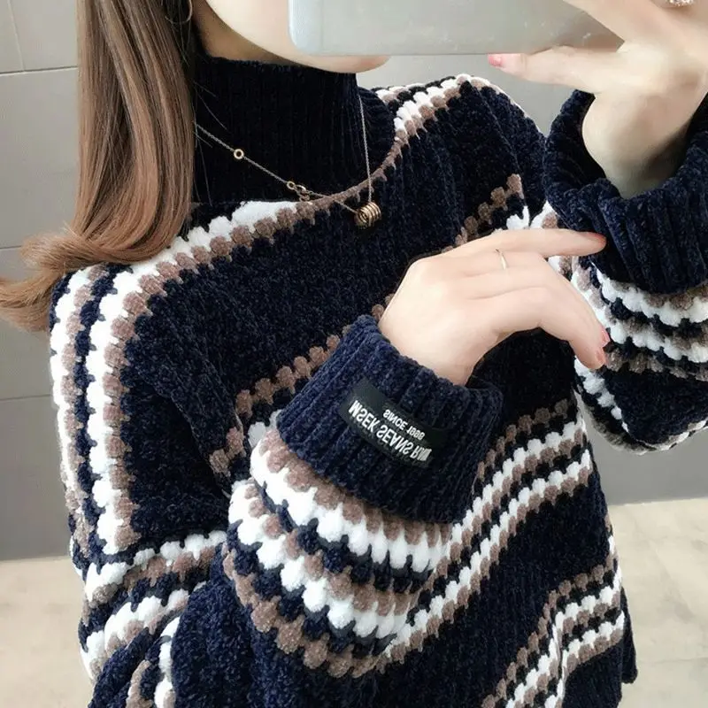 Women 2021 Fashion Soft Touch Loose Knitted Sweater Korean Vintage High Neck Long Sleeve Female Pullovers Chic Tops pink sweater Sweaters