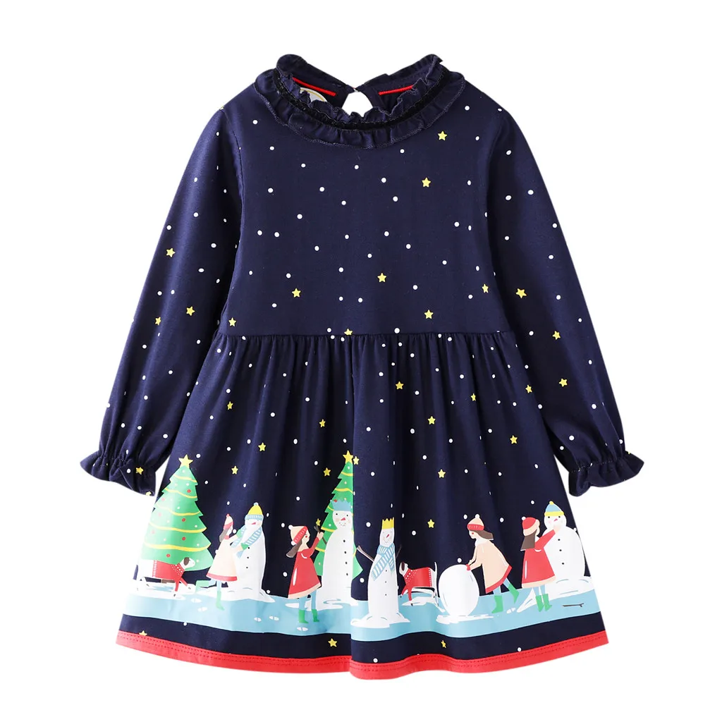 Рождественское платье принцессы для девочек; платье в горошек с принтом снеговика; повседневная одежда; зимняя детская одежда с длинными рукавами для маленьких девочек