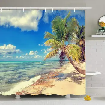 

Shower Curtain Set with Hooks 72x72 Seascape Tropical Path White Sandy Beach Palm Republic Trees Nature Hotel Relaxation Parks