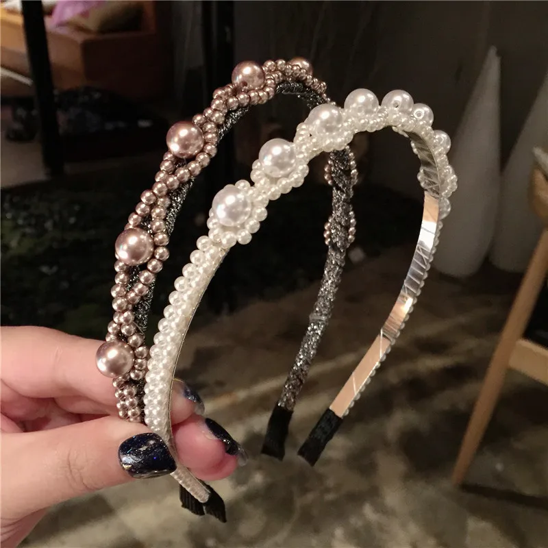 

Women Pearls Headbands Handmade Fish Line Non-slip Braid Hairband Boutique Korean Girls Hair Hoop Fashion Hair Accessories