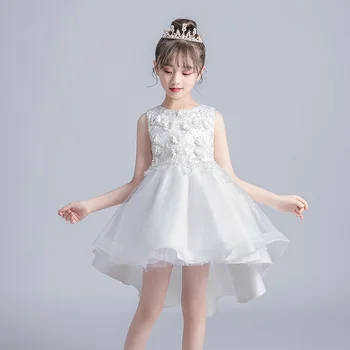 

Kids Baby Appliques Flowers White Birthday Frocks Wedding Party Front Short Back Tail Puffy Dress Children Girls Model Dress