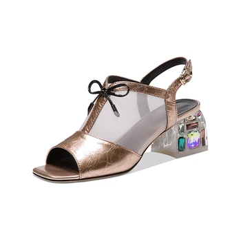 

Popular Patchwork Ladies Sandals Rhinestone Genuine Leather High Heels Pumps 2020 New Summer Buckle Party Shoes Woman