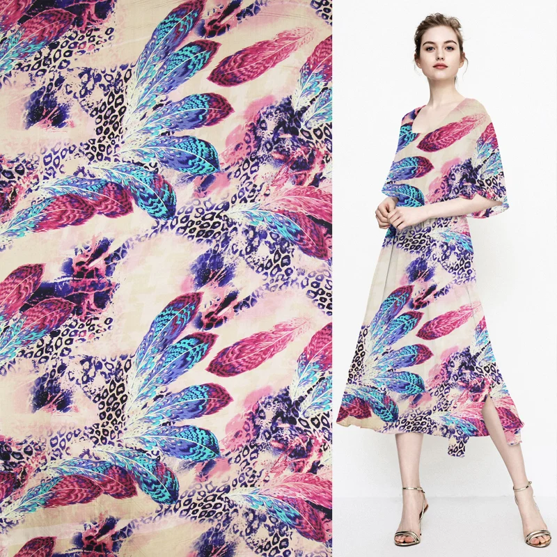 

Very beautiful Blue purple feather print pure silk Habotai fabric sheer,SHB039