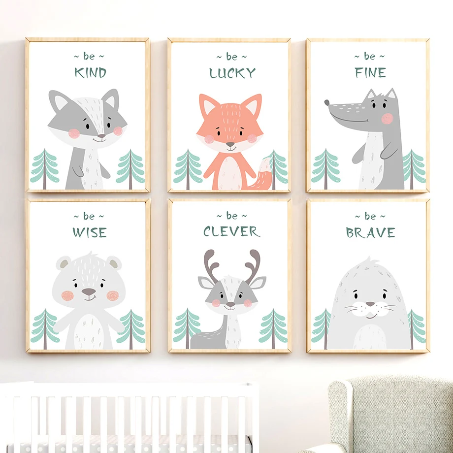Fox Bear Deer Animal Otter Cartoon Wall Art Canvas Painting Nordic Posters And Prints Pictures Baby Kids Room Home Decor | Дом и сад