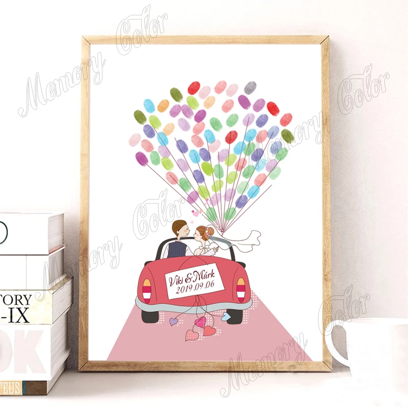 Personalized Couple Name Wedding Date Wedding Car Fingerprint DIY Painting For Anniversary Decoration (Ink Pad Incuded)