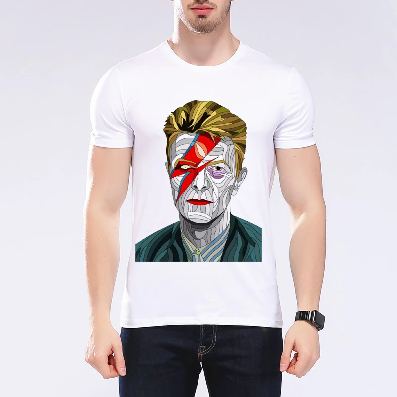 Мужская футболка с принтом Дэвида Боуи белая в виде звезд модель L9J67 на лето 2019 |