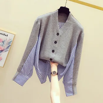 

2019 Autumn New Women Sweater Coats Korean Style Wild Casual Fashion Striped Stitching Ladies Sweaters V-neck Knit Tops Female