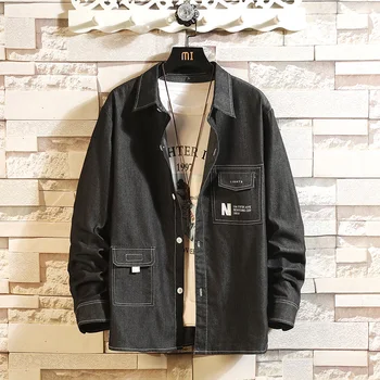 

Denim Men's Shirt Letters Printed Pocket Design Loose Comfortable Casual Denim Shirt Men's-Blue Men's Wear M-4XL Spring New