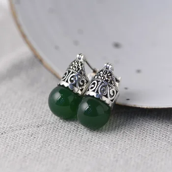 

FNJ 925 Silver Hoop Earrings for Women Jewelry New Simple 100% Pure S925 Silver Sterling Earring Natural Green Agate