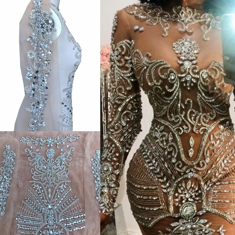 handmade silver rhinestones applique full body crystal patches bodice mesh for dress accessory