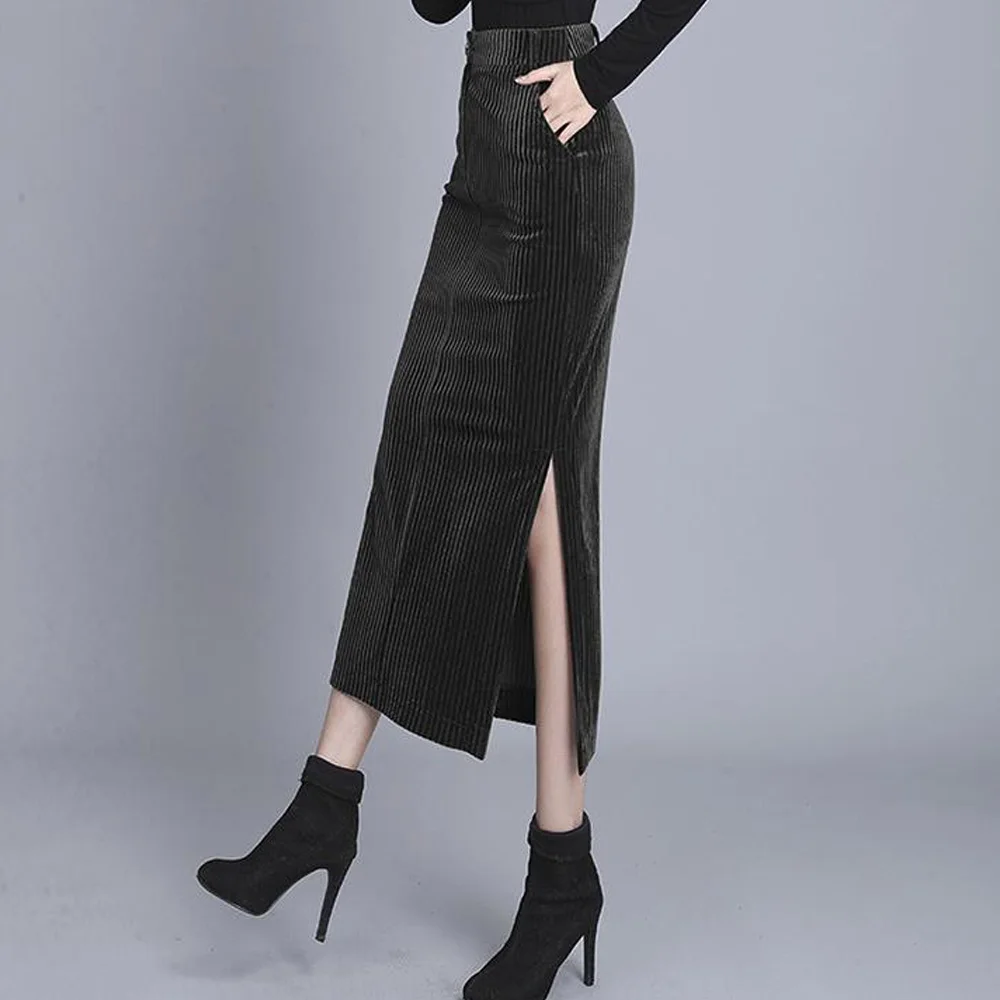 Black Skirt Длинная Вельветовая юбка, Женская юбка средней длины с высокой талией, юбка размера плюс, повседневная женская офисная одежда, Зимняя юбка-карандаш для женщин - Цвет: Black Skirt