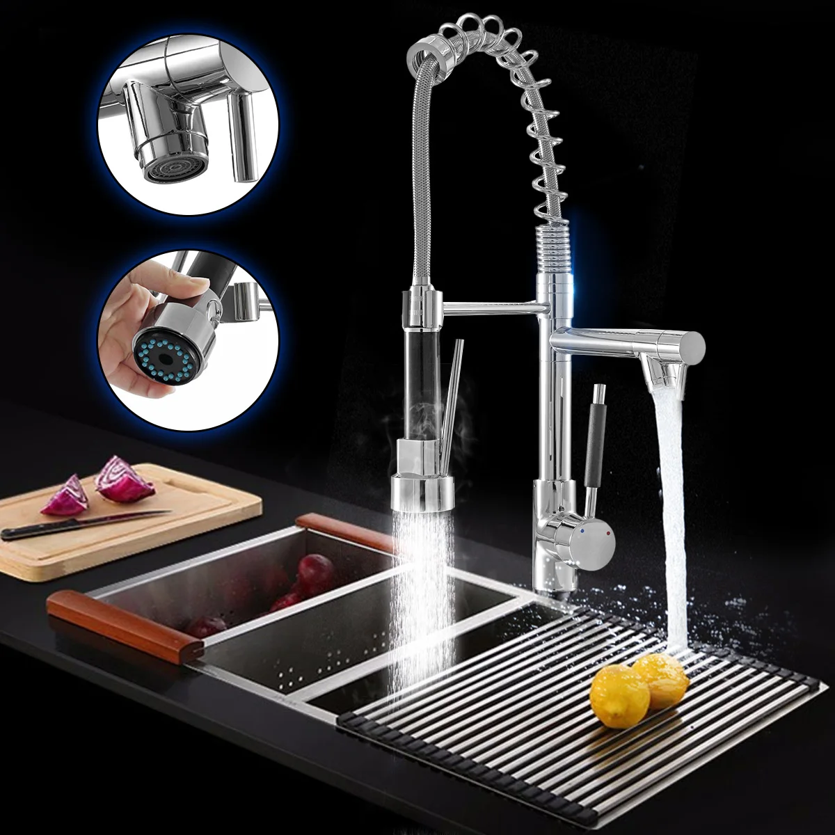 

Kitchen Chrome Pull Out Side Spring Faucet Sprayer Dual Spout Single Handle Mixer Tap Sink Faucet 360 Rotation Deck Mounted