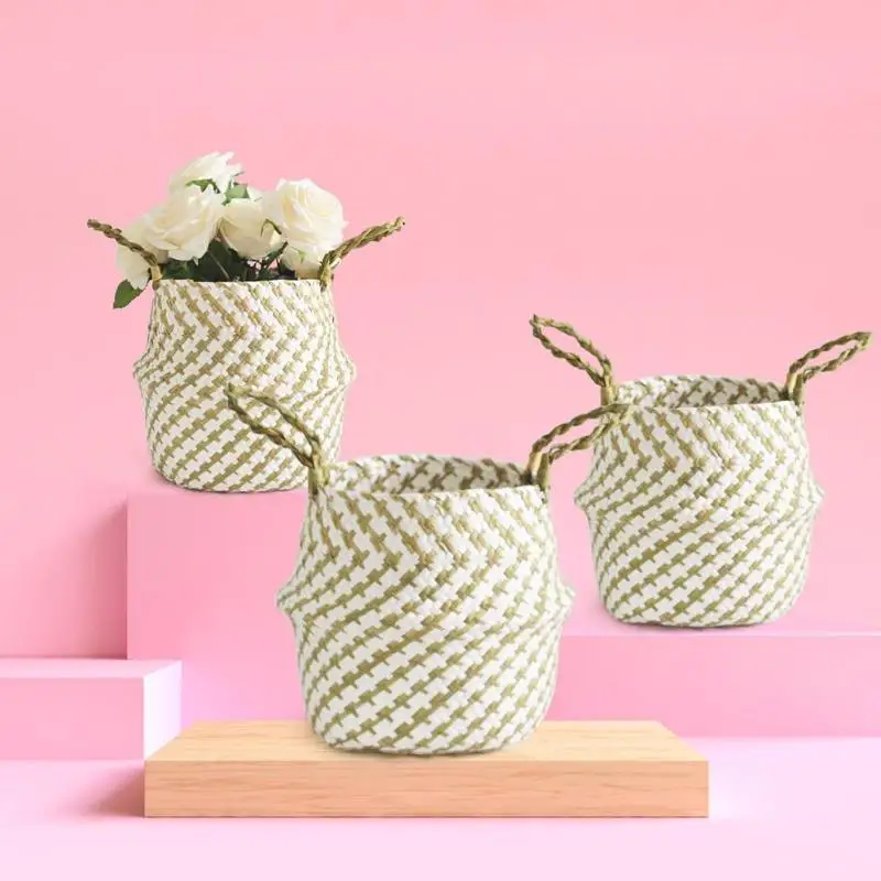 

Folding Straw Flower Pot Home Storage Big Belly Basket White Plaid Plant Gardening Flower Pot Non-Liu Teng Crafts