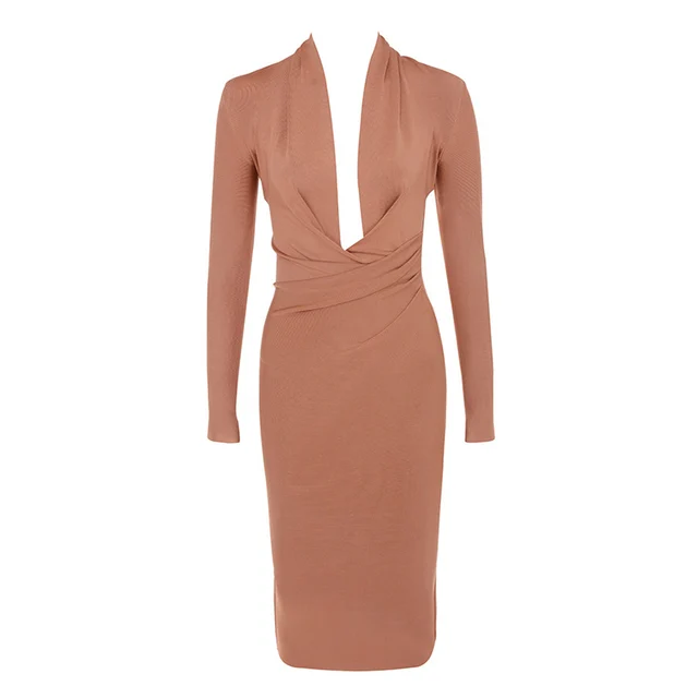 2022 New Summer Deep V Neck Women Bandage Dress Full Sleeves Celebrity Bodycon Dress Sexy Club Vestidos Evening Party Dresses Auburn