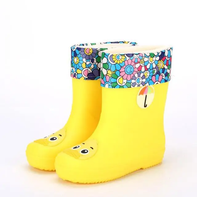 Новые резиновые сапоги для мальчиков; резиновые сапоги для маленьких девочек; водонепроницаемые сапоги из пвх; теплая детская водонепроницаемая обувь с героями мультфильмов; всесезонные съемные сапоги - Цвет: Yellow cotton