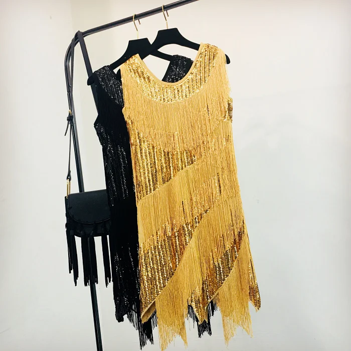 

Summer Women Fashion Sequins Sexy Straight Dress Ladies Tank Sleeveless Stage Performance V Collar Banquet Sexy Dress