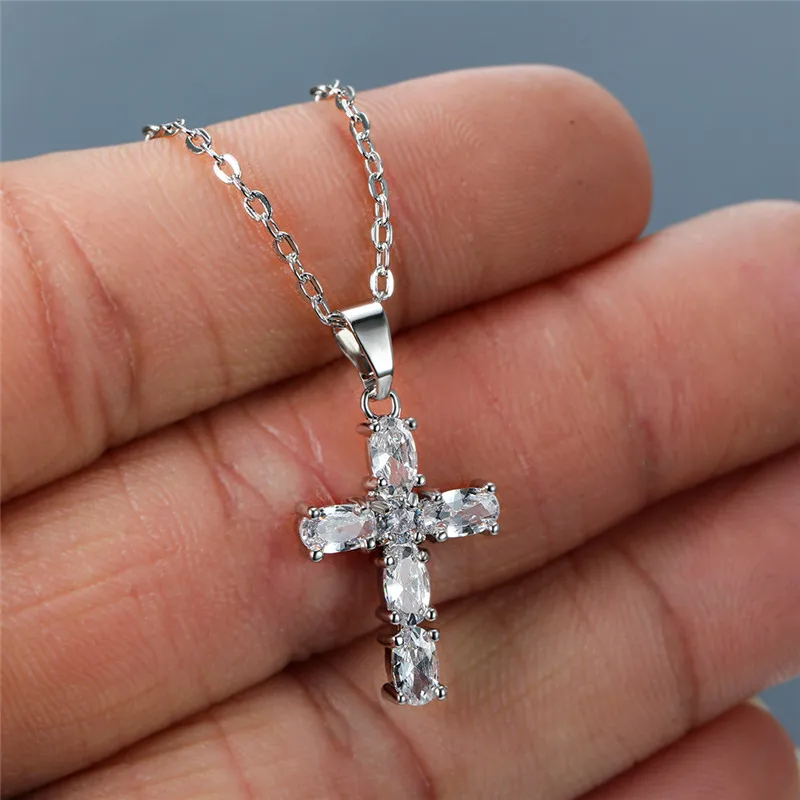 Luxury Female White Crystal Pendant Necklace Charm Silver Color Chain Necklaces For Women Cute Bridal Cross Wedding Necklace
