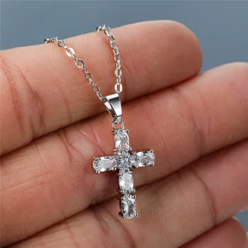 Luxury Female White Crystal Pendant Necklace Charm Silver Color Chain Necklaces For Women Cute Bridal Cross Wedding Necklace