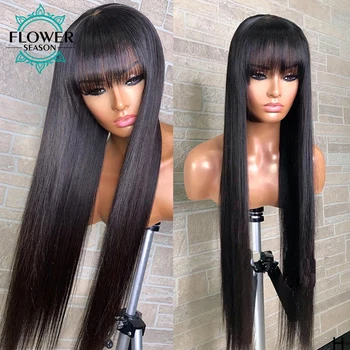 

13*6 Lace Front Wig With Bangs Human Hair Straight Wigs Brazilian Remy Hair 130% Bleached Knots with baby hair FlowerSeason