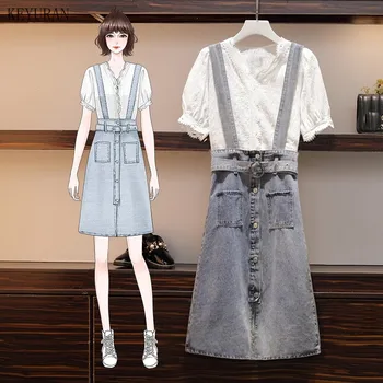 

Summer Two Piece Set Women's Lace Shirt/Blouses and Strap Denim Skirt Suit Suspender Overalls Elegant Jumpsuit Skirt 2 Piece Set