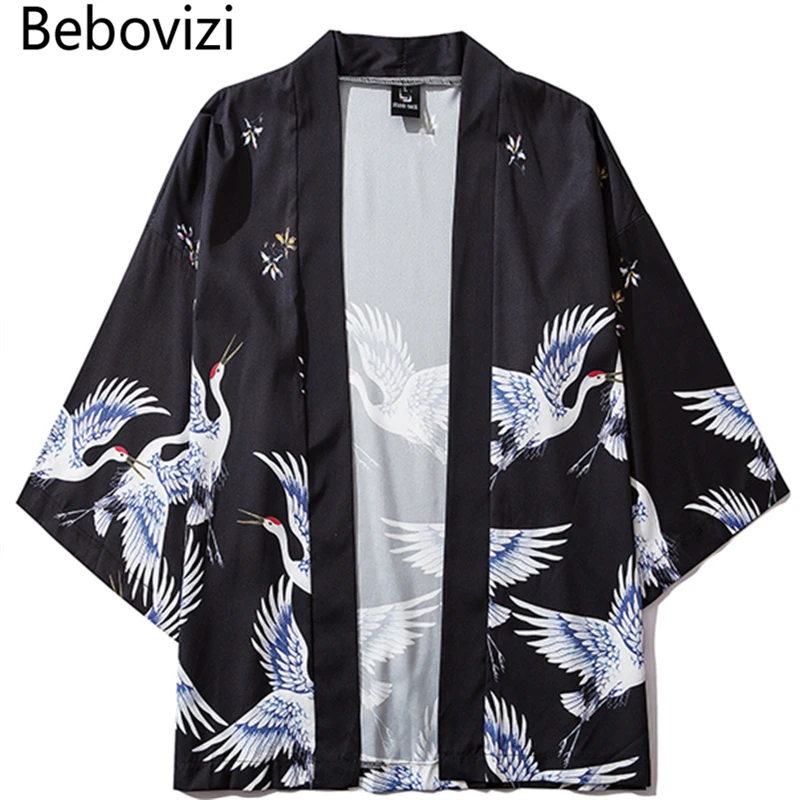 Bebovizi Japanese Style Crane Kimono Tokyo Streetwear Haori Men Women Cardigan Japan Robe Girl Fashion Traditional Asian Clothes