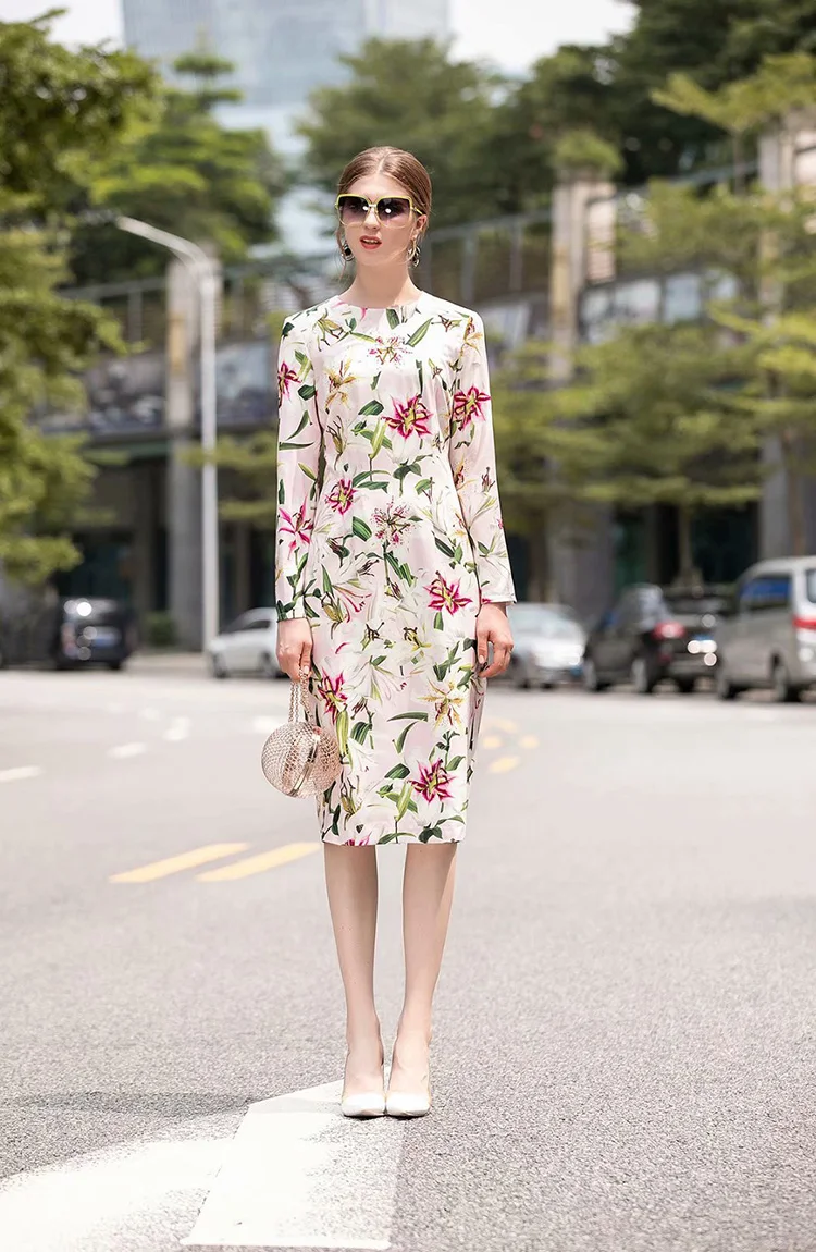 

Baogarret Elegant Lily Flower Printed Long Sleeve Midi Dress Women's Runway High Quality Autumn Mid-Calf Dress Vestdios Party