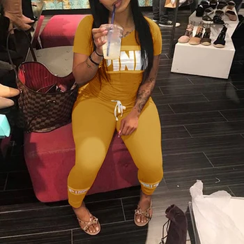 

Women Pink Letter Print Sexy Tracksuit Plus Size Casual 2 Piece Set S-XXXL Summer Tops+Skinny Pants Two Piece Outfit
