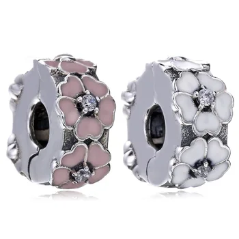 

Authentic 925 Sterling Silver Bead Charm Crystal Pink Enamel Primrose Clip Stopper Bead Fit Bracelet Diy Jewelry