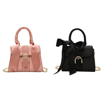

2 Pcs European Style Fashion New Handbags High-Quality Velvet Women Bag Bow Tie Sweet Lady Tote Bag, Pink & Black