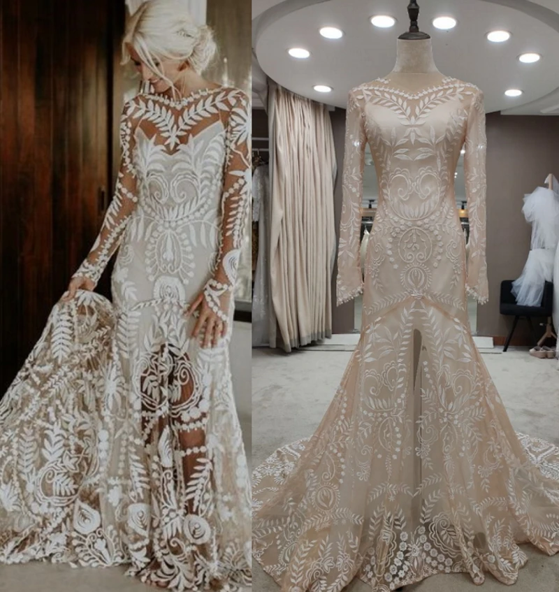 #4055 2 piece in 1 BOHO bohemian long sleeve destination Wedding Dress pre wedding shoot post Bride Gown bridal dresses