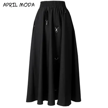 

2020 Summer Vintage Iron Ring Elastic Waistband Black Midi Long Loose Skirt Women Harajuku Korean Summer Punk Cargo New