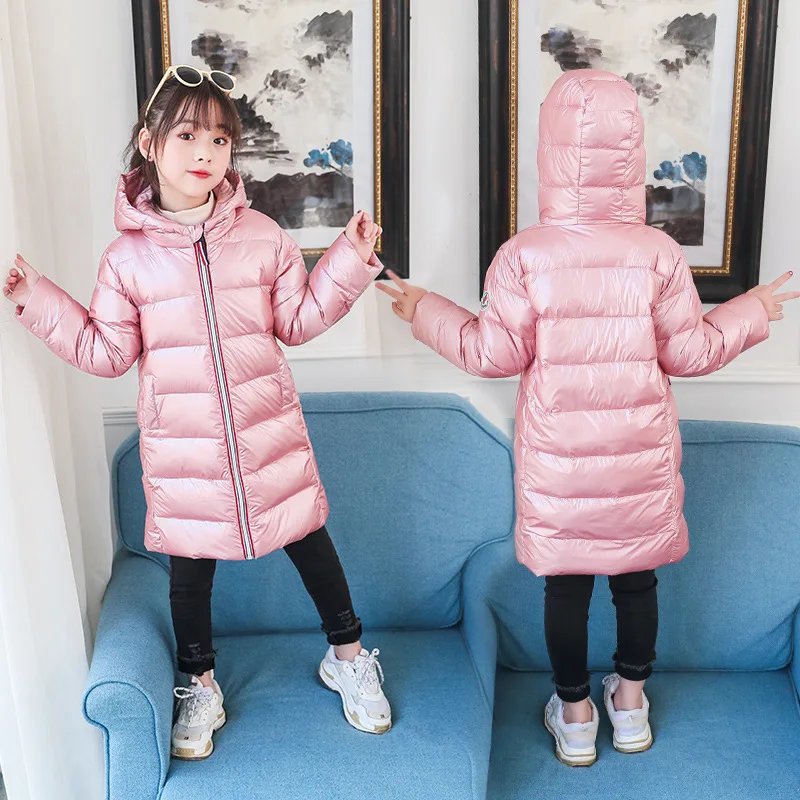 Пуховая куртка для девочек; Цвет серебристый, розовый; пальто для девочек; Tik Tok; детское длинное пальто с капюшоном; зимний комбинезон для маленьких девочек; детская куртка
