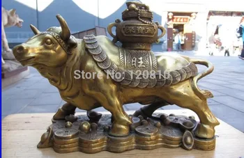 

7.5"Chinese Classical Feng Shui pure brass Carved On Yuanbao Ox-Oxen Bull Statue