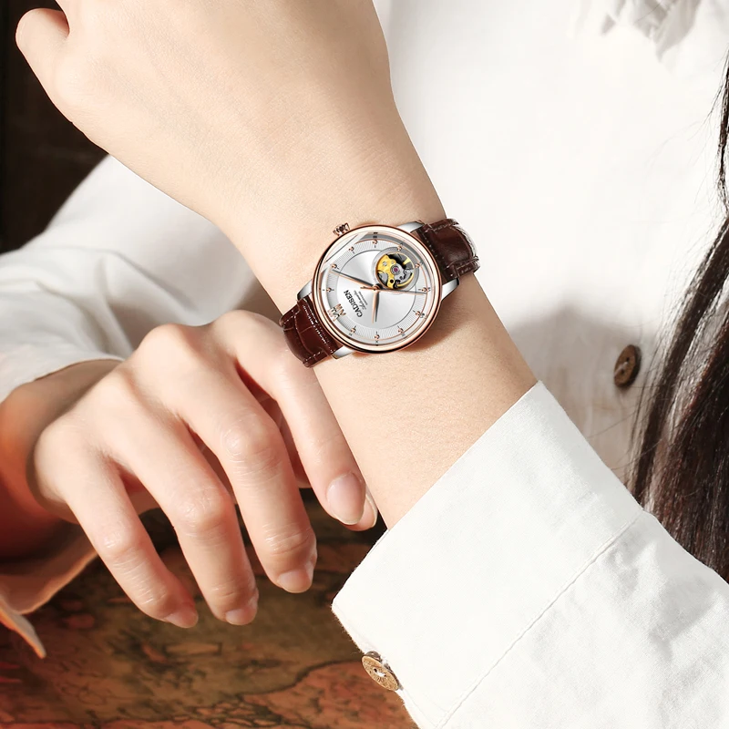 

CADISEN Light Luxury Lady Automatic Mechanical Watch Artistic Temperament Rose Gold Leather Watch Fashion Ultra-thin Waterproof