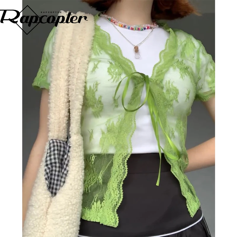 Rapcopter Floral Lace Cardigans Y2K Brown Crop Top Frill Cute T Shirt Tie Up Short Sleeve Tshirt Women Harajuku Tee Top Vintage