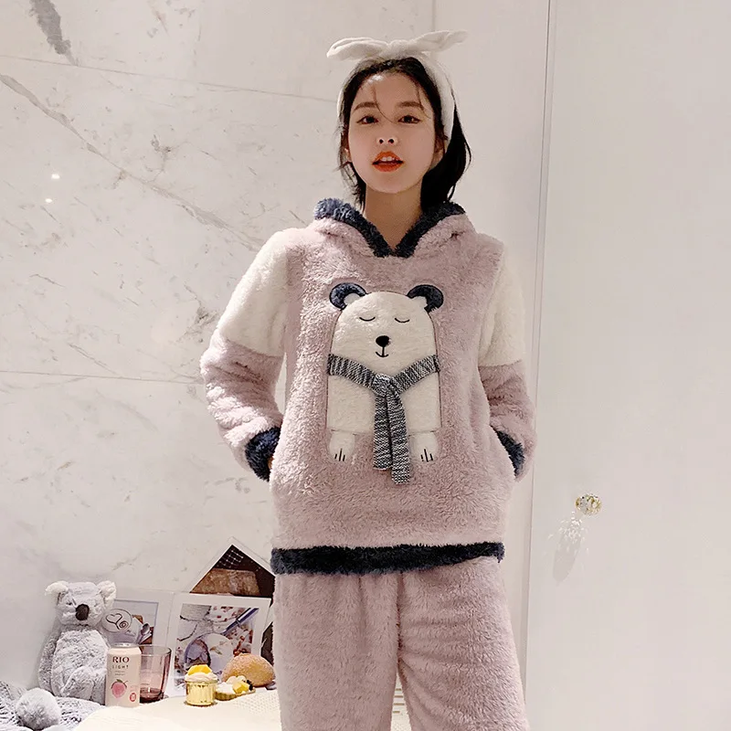 

Autumn and Winter Coral Fleece Thickening Hooded Pajamas Suit Girl Cute Cartoon Soft Home Clothes