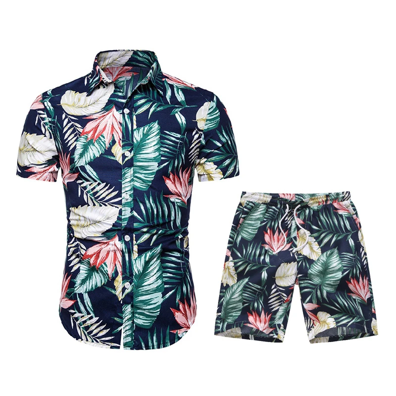 Conjuntos de ropa Hawaiana para pantalones cortos de playa de manga corta con estampado de piña, camisas Hawaianas, traje de baño de hojas, conjuntos de viaje de piezas|Conjuntos para hombres| -