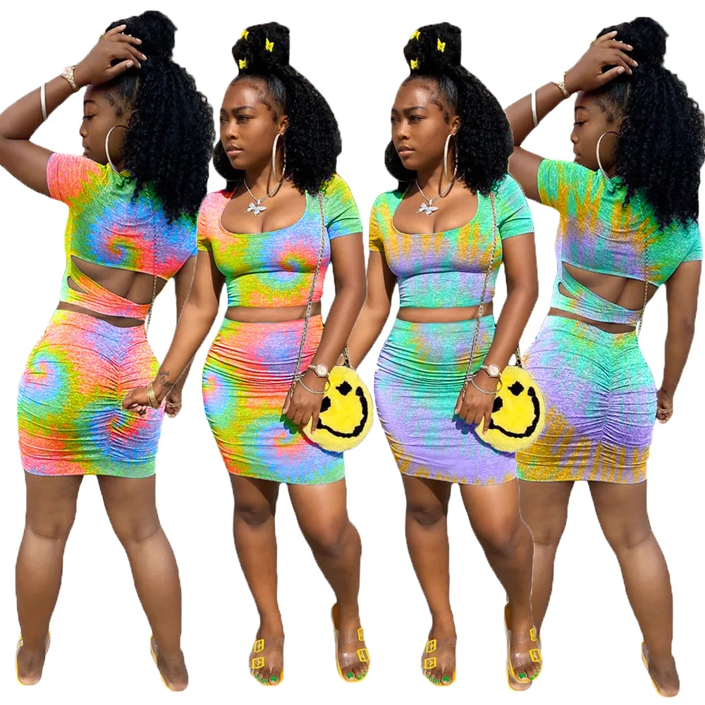 

Tye Dye 2 Piece Sexy Top and Pleated Skirt Two Piece Set Fashion Women Summer 2020 Tie Dye Clothing Mathcing Set Ladies Outfits