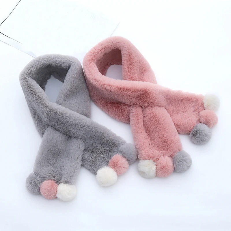 

2019 Winter Cute Children Scarf Boy Girls Scarves Baby Imitation Rabbit Fur Collar Scarf With Pompom Neck Warmers