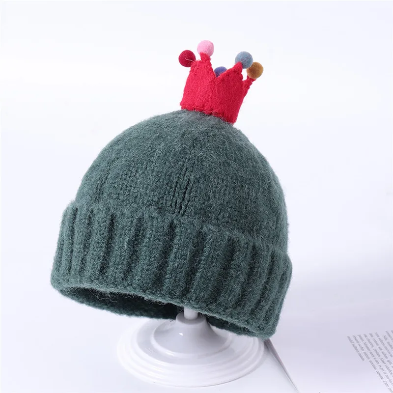 dark green Новинка года; Детские шапки с короной для девочек; сезон осень-зима; плотная мягкая хлопковая шапка для маленьких мальчиков; теплые вязаные детские вязаные шапки; шапка - Цвет: dark green