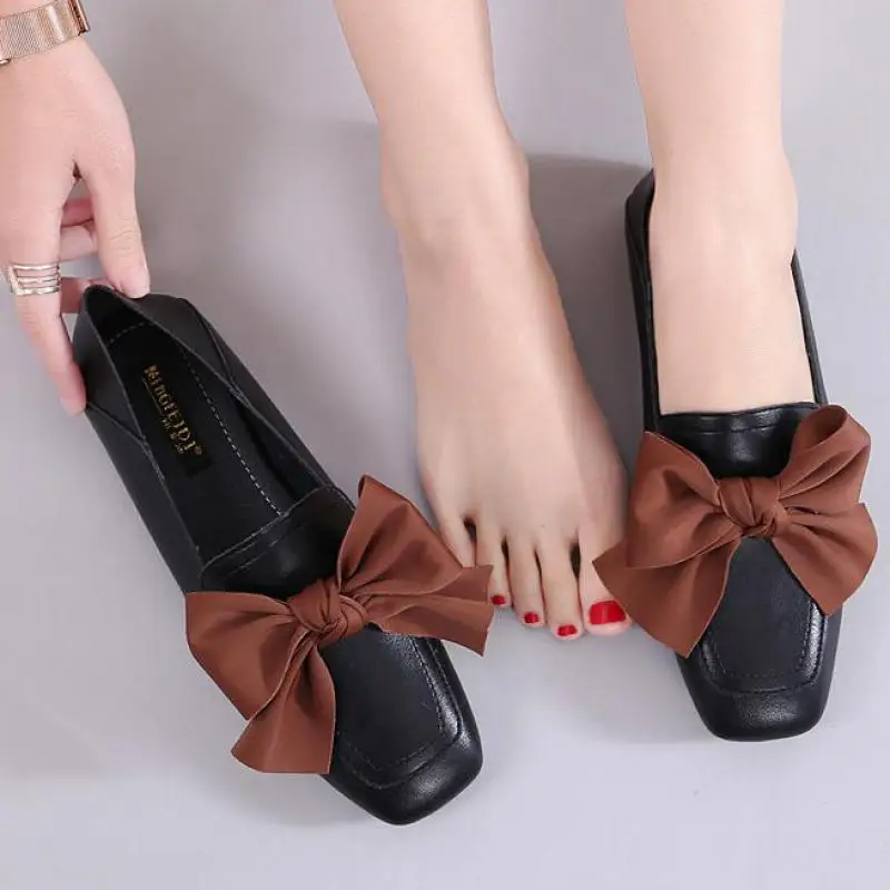 

Women Flat Loafers Shoes Ballerina Shallow Single Shoe Slip On Moccasins Square Toe Casual Bow Lady Footwear Office Soft Flats