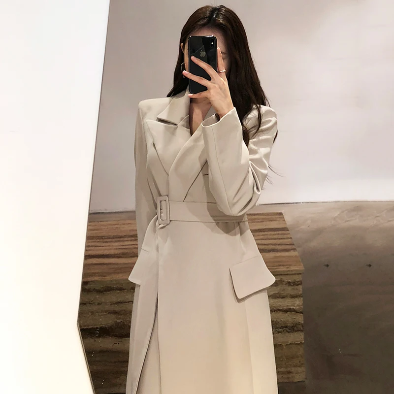 Long Trench Coat Women Korean Winter Classic Chic Bandage Waist Pocket Long Coat Temperament Loose Office Lady Women Coats
