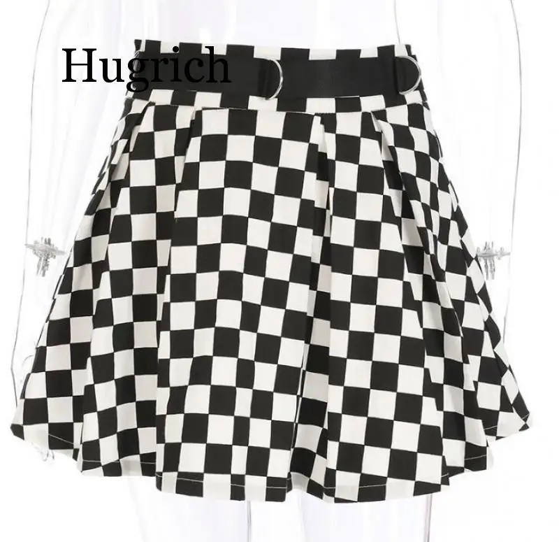 Pleated Checkerboard Womens High Waisted 2020 Spring Black White Plaid Printed European and American Slim Skirt