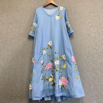 

Top Quality Silk 2020 Spring Summer Blue Pink Dress Women V-Neck Luxurious Embroidery Midi Party Robe Femme Dresses
